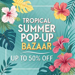 Tropical Summer Bazaar Poster 50 Off Hibiscus Acrylic Hot Pink Turquoise Vector