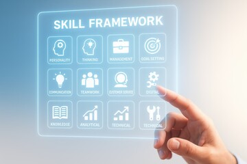 Individual interacting with a digital skill framework display, emphasizing essential competencies for personal and professional development. Concept of technology, learning, and progress.