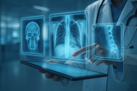 Healthcare professional analyzing digital X-ray images on a tablet, showcasing innovation in medical imaging and patient diagnostics. Concept of telemedicine and advanced technology in healthcare.