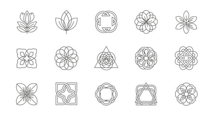Set of ornamental geometric and floral icons line style for design elements