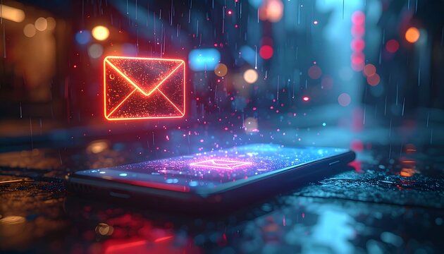 A smartphone rests on a wet surface with a glowing digital message icon hovering above, and ambient rain in a blurred urban environment