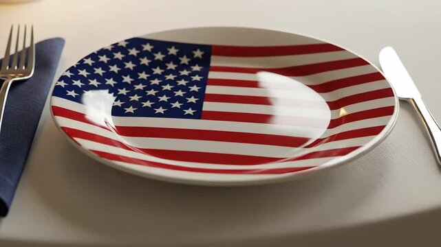A patriotic American-themed dinnerware set featuring a plate with the flag design and a fork on a napkin