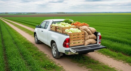 fresh vegetables on the grass, White pickup truck drives on dirt road carrying fresh vegetables in crates and sacks. Truck moves past large green plantation field under overcast sky. Rural farm delive