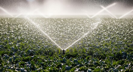 Automated irrigation sprinklers spraying water across a vast green crop field, concept of modern agriculture and food production