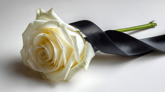 Elegant white rose with delicate petals lying on a smooth surface accompanied by a graceful black ribbon symbolizing remembrance and mourning sentiments