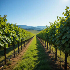 Obraz premium Vineyard Rows Stretching to Distant Mountains on Sunny Day