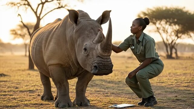 Gentle connection between ranger and rhino in sunset savannah scene