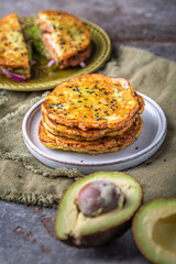 Gluten free avocado  flat bread, with vegetables and cream cheese