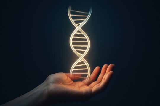 Human hand presenting illuminated DNA double helix, symbolizing genetic research, biotechnology, and the future of medicine and humanity. Concept of innovation and discovery.