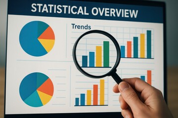 Analyzing statistical data on a computer screen with a magnifying glass, highlighting trends and insights in business analytics. Concept of data visualization and strategic decision-making.