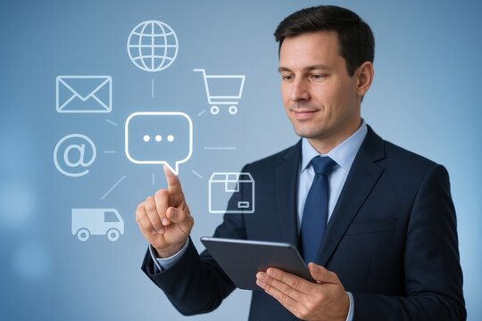 Businessman engaging with digital communication icons, illustrating e-commerce, connectivity, and customer interaction in a modern corporate environment. - Powered by Adobe