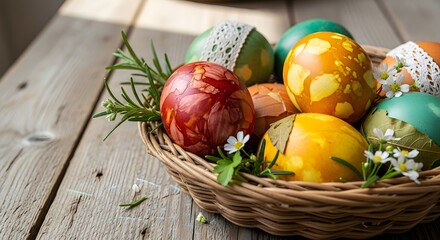 Beautiful easter eggs in basket on rustic wood table spring holiday decoration ideas diy craft