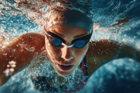 Female triathlete practices swimming in a pool, showcasing determination and skill during training