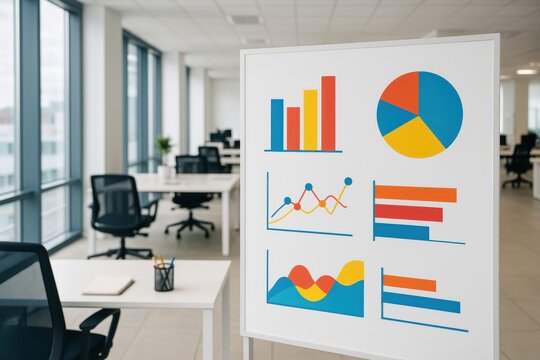 Business analytics presentation on a whiteboard in a modern office environment, illustrating data visualization methods and teamwork. Concept of data-driven decision making and collaboration.