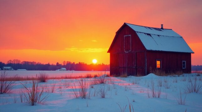 Serene winter sunrise paints a vibrant sky above a rustic red barn standing solitary in a snow-covered field.