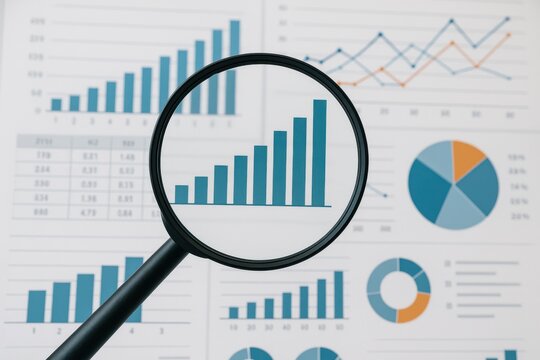 Magnifying glass focusing on a data graph amidst various financial charts, symbolizing analysis and insight in business intelligence and data-driven decision making. - Powered by Adobe