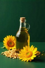 Sunflower oil production, showcasing the rich golden oil extracted from fresh seeds in a clean, modern setting. A stream of rich, golden sunflower oil cascading into a clear glass bottle. Fresh