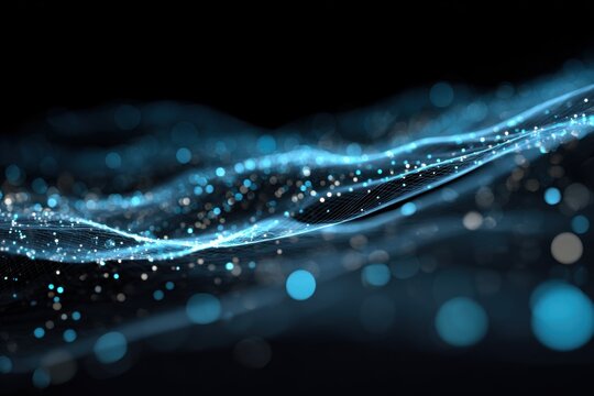 Digital data stream creating glowing blue waves in a dark background, illustrating modern technology and connectivity dynamics in a captivating design