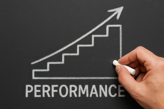 Hand drawing a performance graph on blackboard, illustrating growth and improvement concepts in business and personal development. Emphasis on upward progress and achievement.