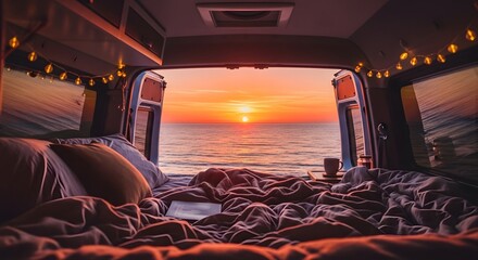 Van life campervan conversion sunset ocean view travel adventure road trip living tiny home lifestyle