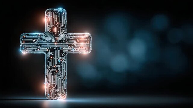 Illuminated circuit board cross on dark background