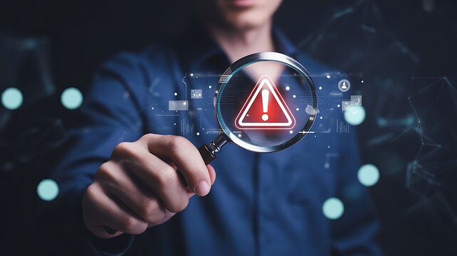 Businessman Highlighting Cybersecurity Warning Alert with Magnifying Glass in Digital Interface