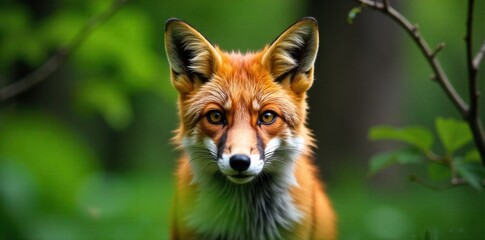 Red fox in a lush, sun dappled forest clearing, its coat vibrant against green foliage, looking alert. A close up, eye level shot of a vibrant red fox standing in a sunlit forest clearing. The fox s