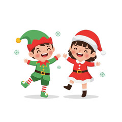 Cute Cartoon Kids Celebrating Christmas in Elf and Santa Costume