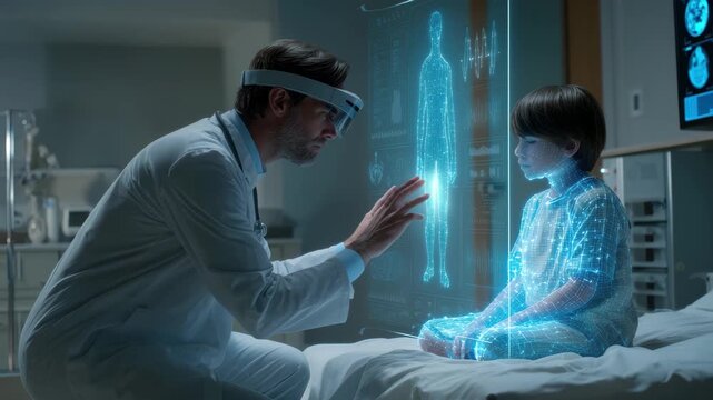 Doctor uses augmented reality to examine holographic patient in futuristic hospital room, 4K