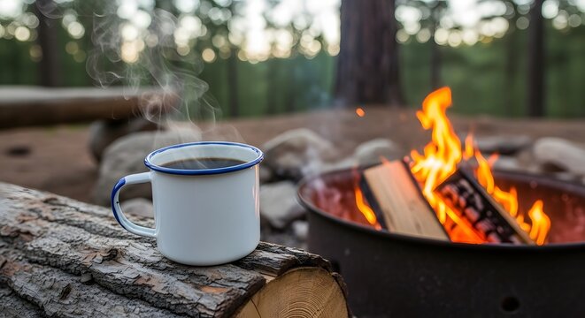 Campfire coffee camping outdoors nature relaxation travel adventure getaway vacation escape scenic