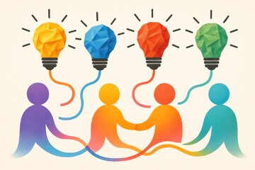 Colorful conceptual illustration of diverse individuals exchanging ideas symbolized by light bulbs. Theme of innovation, collaboration, and creativity in teamwork settings.