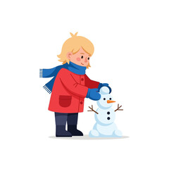 Cute Cartoon Child Building a Snowman in Winter, Vector Illustration