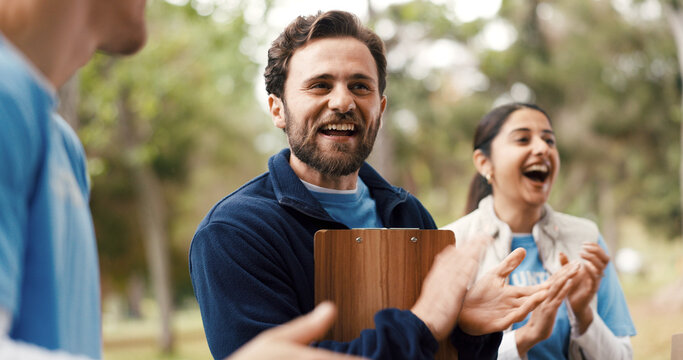 Applause, clipboard and volunteer people outdoor for food drive celebration, motivation or success. Clapping, schedule and support with excited friends in park for charity or community outreach