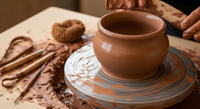 Ceramic art pottery making process clay sculpting wheel throwing brown pot handmade craft studio