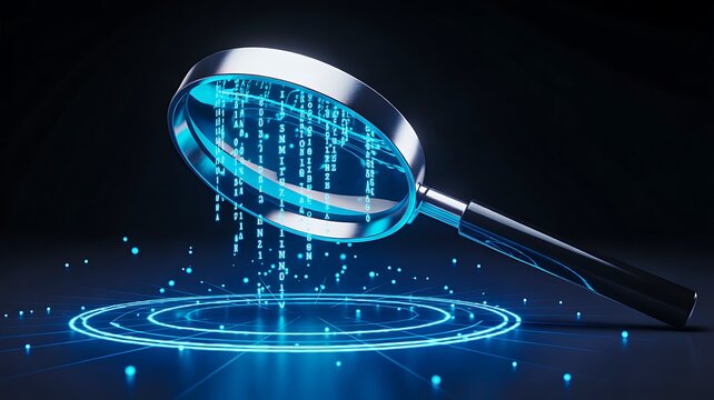 Futuristic Digital Magnifying Glass Analyzing Binary Data Stream for Cybersecurity, Data Analysis, and Technology Research
