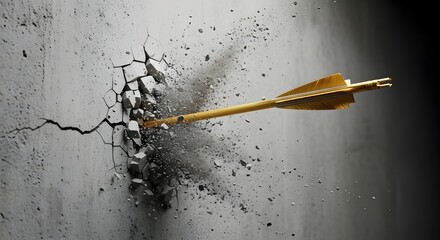 Stock photo of golden arrow breaking through concrete wall target achievement concept image