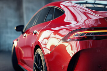 Fototapeta premium Sleek red sports car with glossy finish and modern taillights captured in a stylish urban setting reflecting architectural lighting highlights