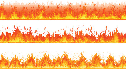 Three horizontal borders of stylized orange and yellow fire flames against a white background vector © appl