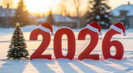 Large red 2026 numbers with santa hats and christmas tree in snowy landscape