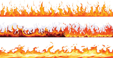 Three horizontal borders of stylized orange and yellow flames on white background fire