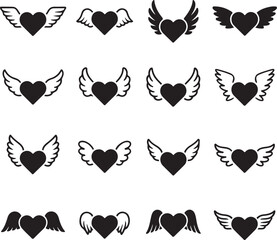 Angel Heart With Wings Silhouette Set | 16 Heavenly Valentine Icons