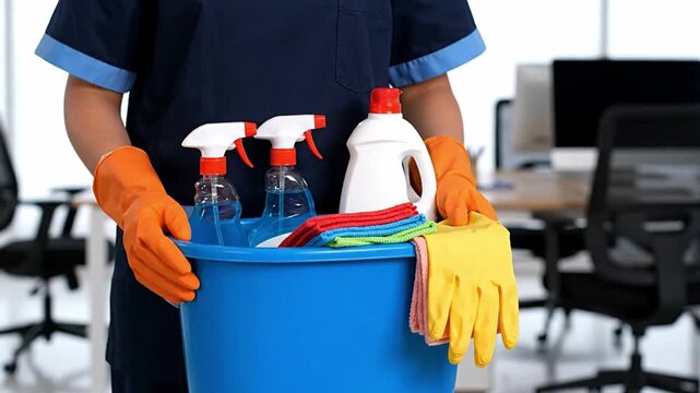 Cleaning lady with cleaning supplies bucket in office setting