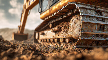 Heavy-duty excavator machinery digging and moving earth with close-up focus on tracked wheels on a construction site during a cloudy day