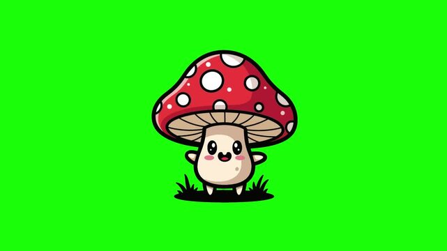 Charming cartoon mushroom character wiggles against vibrant green backdrop
