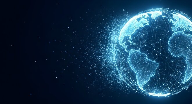 Digital earth globe with pixelated effect on dark blue background