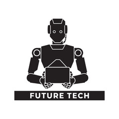 Future Tech Anthropomorphic Robot Holding Tablet for Artificial Intelligence Service. 