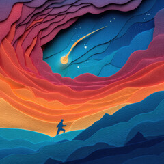 Paper Cut Illustration of a Hiker Under a Shooting Star Night Sky
