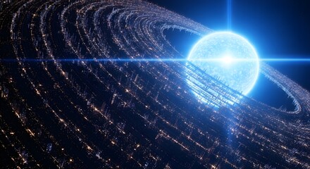 Futuristic dyson sphere surrounding a bright star in deep space