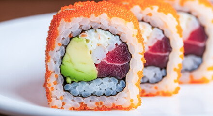 Extreme close-up of a colorful sushi roll (California Roll) filled with tuna, avocado, and cream cheese, topped with bright orange tobiko roe.