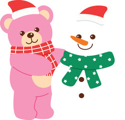 Cute Pink Teddy Bear Wearing Santa Hat and Scarf Building a Funny Snowman illustration